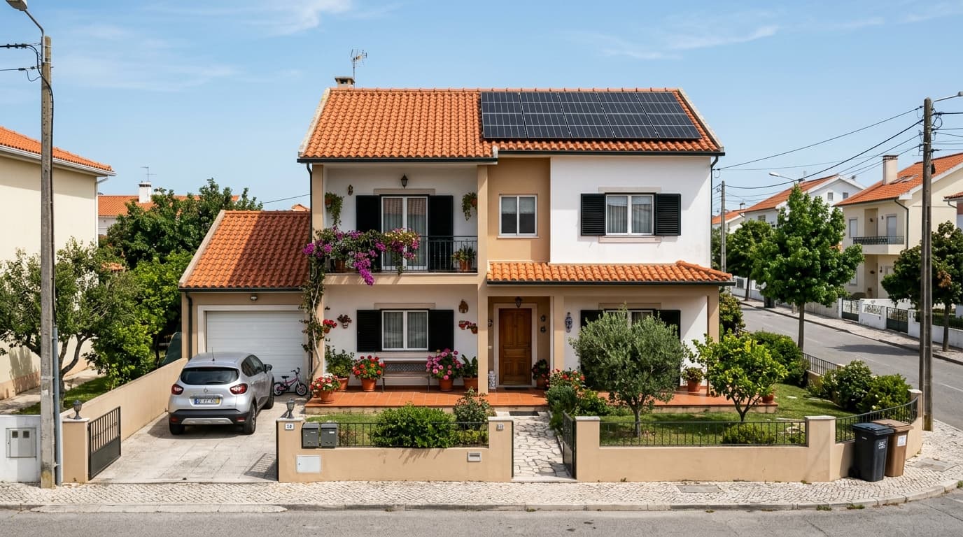 Moradia típica portuguesa com painéis solares no telhado