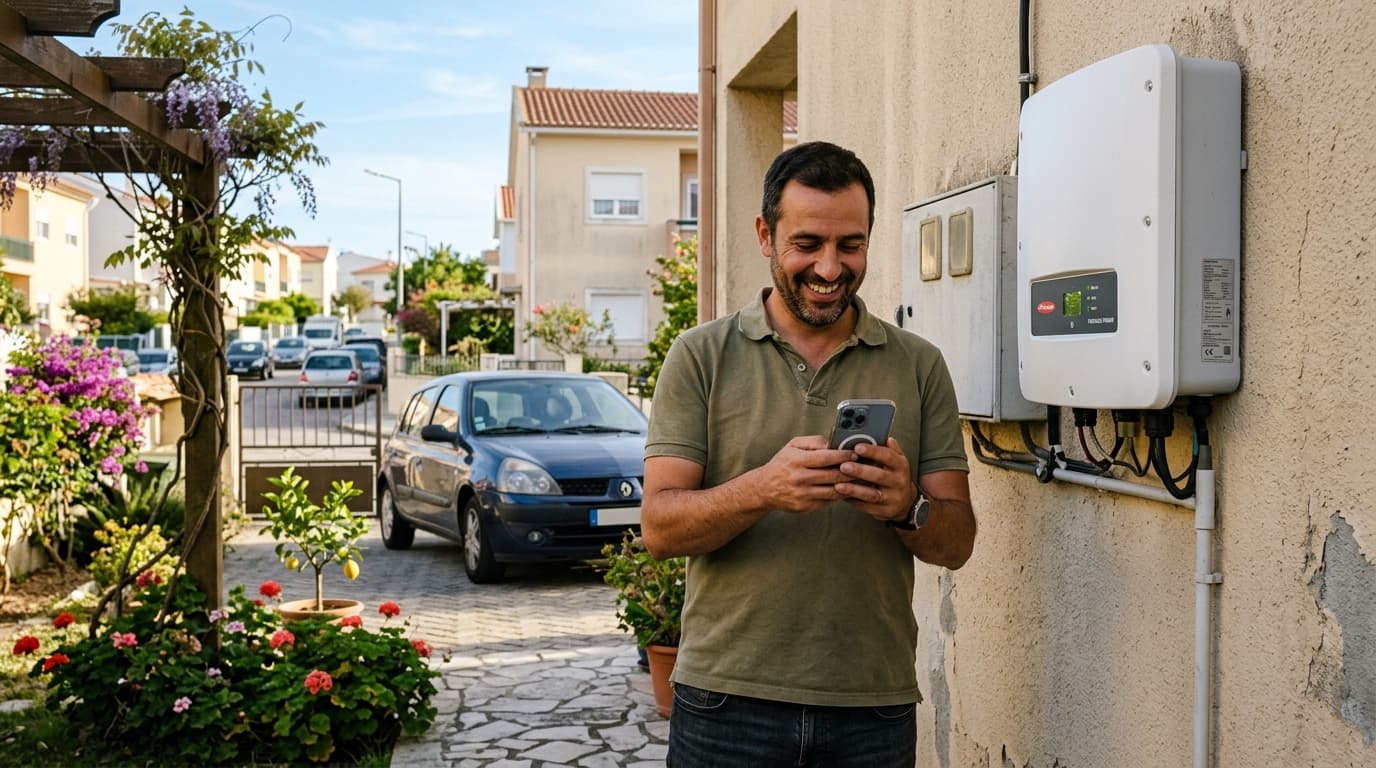 Proprietário português a verificar a poupança gerada no telemóvel junto ao inversor solar da sua habitação