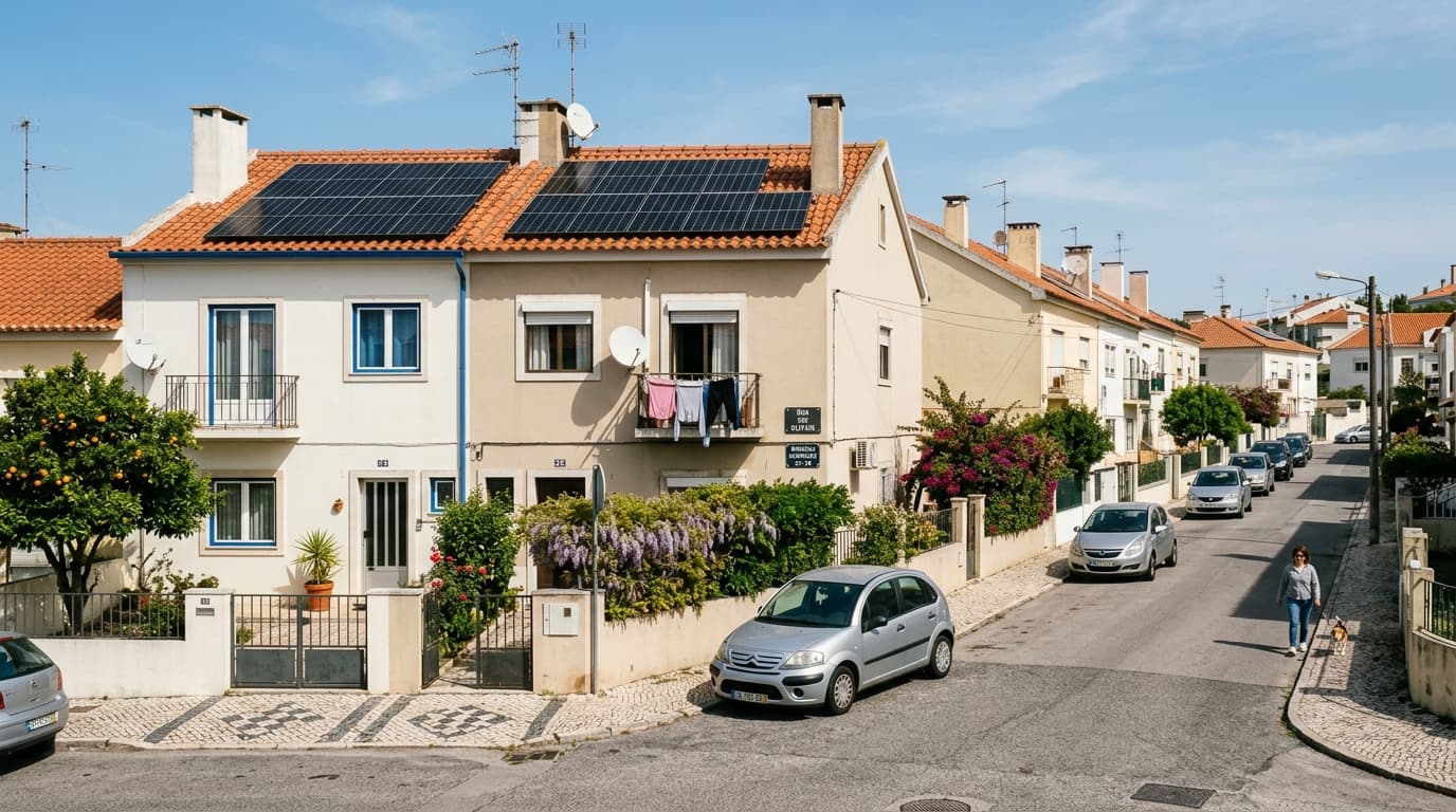 Bairro residencial português com moradias geminadas equipadas com energia solar