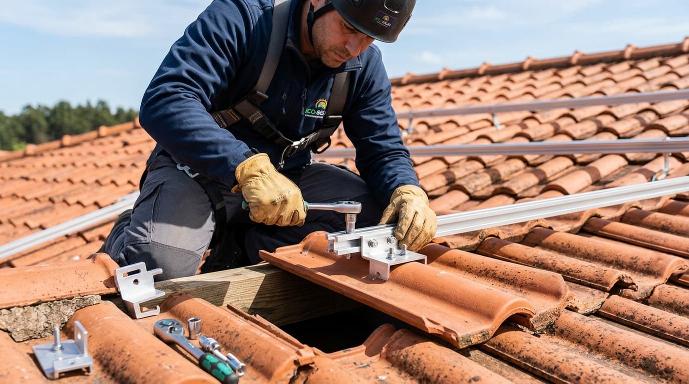 Técnico qualificado a fixar estrutura de painéis solares em telhado de telha cerâmica tradicional portuguesa
